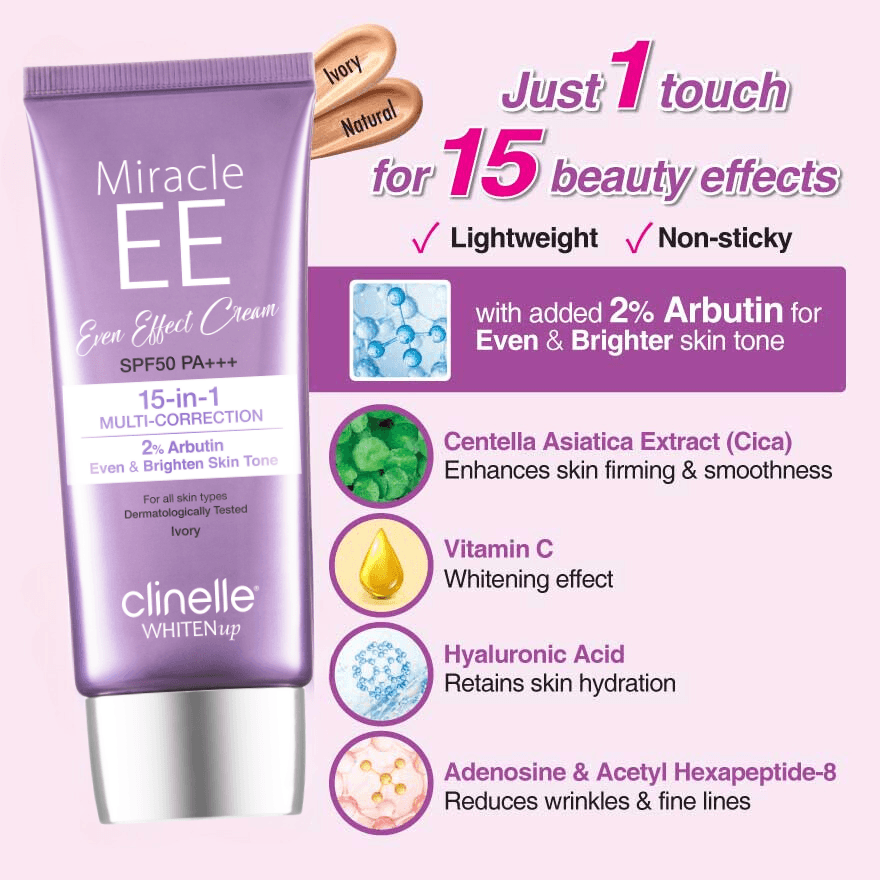 Clinelle Whiten Up EE Even Effect Cream SPF50 PA+++ 30ml (Ivory) - Clinelle